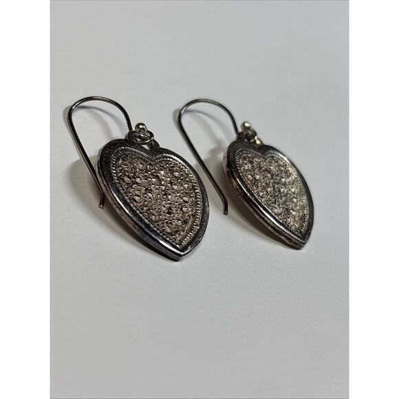 Vintage .925 Sterling Silver Heart Shaped Dangle Earrings Cute No Stones - Picture 2 of 6